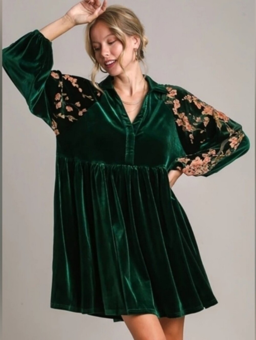 Umgee Emerald Green Velvet Floral Sleeve Babydoll Tunic Dress Boho Cottagecore M